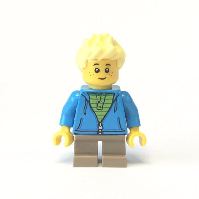 LEGO Minifigure-Boy, Dark Azure Hoodie with Green Striped Shirt, Dark Tan Short Legs, Freckles-Town / City-CTY657-Creative Brick Builders